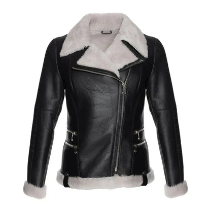 Women's Black Merino Wool White Faux Fur Shearling Leather Jacket image 0