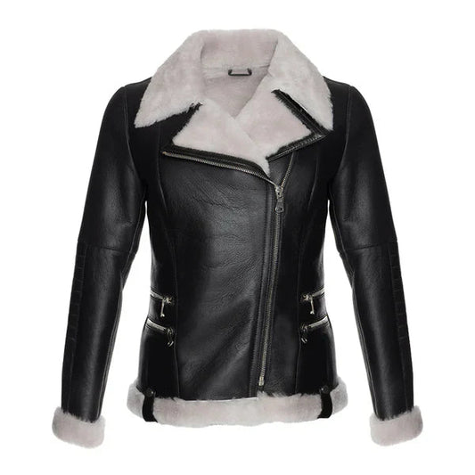 Women's Black Merino Wool White Faux Fur Shearling Leather Jacket image 0