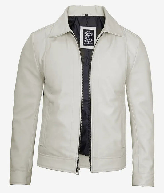 Men's Off White Shirt Collar Real Leather Jacket image 0