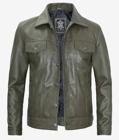 Men's Military Green Four Pockets Leather Trucker Jacket image 0