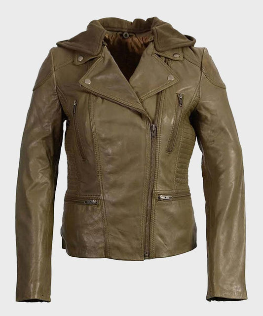 Womens Olive Motorcycle Leather Jacket image 0
