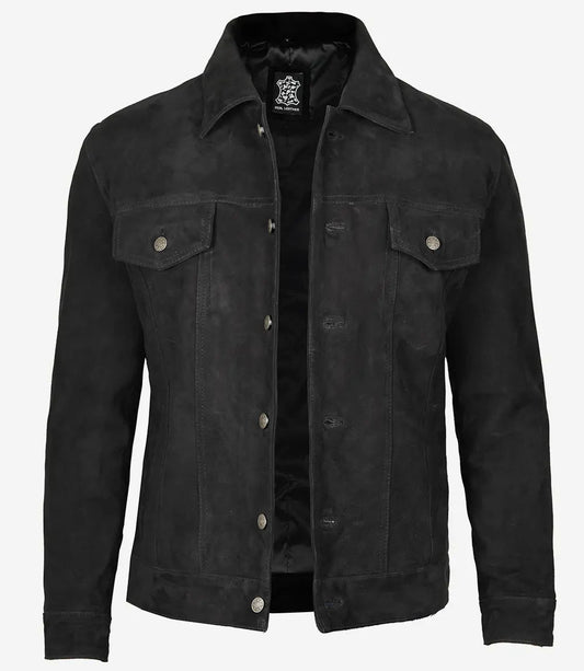 Men's Classical Black Suede Trucker Jacket image 0