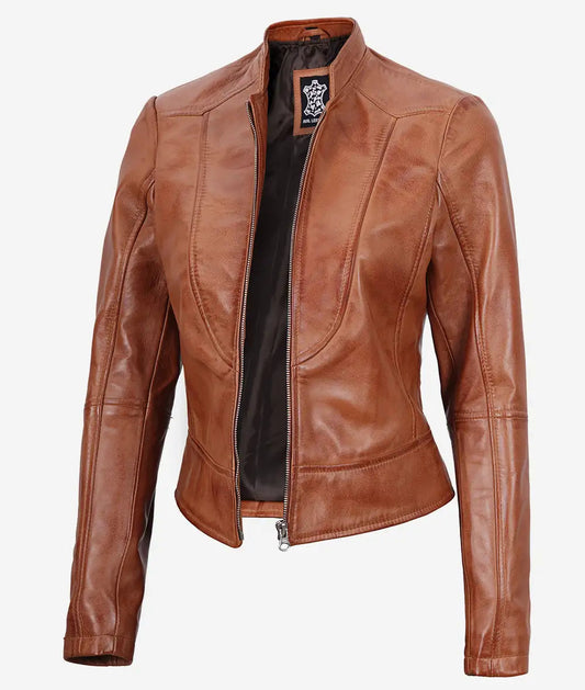 Women's Slim Fit Tan Brown Waxed Biker Leather Jacket image 0