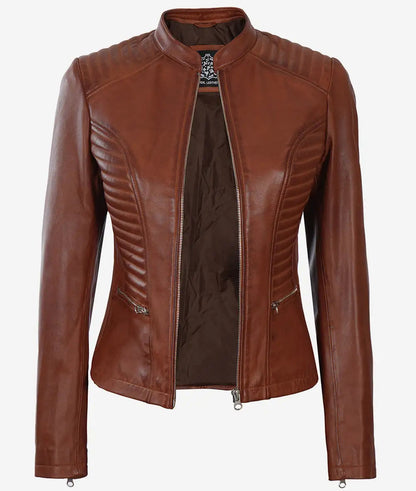 Women's Cognac Real Leather Slim Fit Biker Jacket image 1