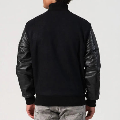 Men's Black Melton & Cowhide Wool Varsity Jacket image 1