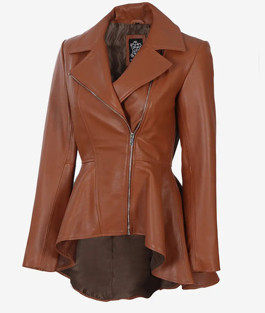 Women's Cognac Asymmetrical Peplum Leather Jacket image 0