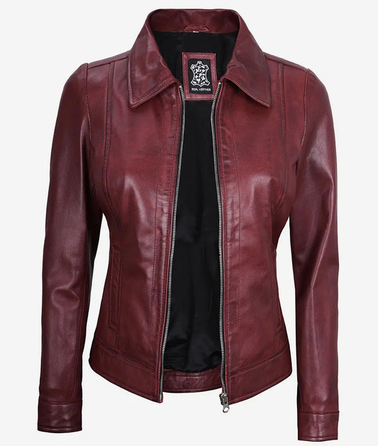 Women's Maroon Shirt Collar Leather Jacket image 0